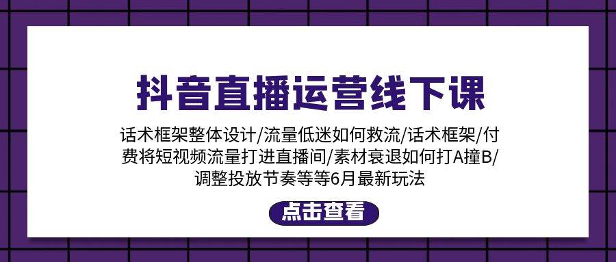抖音直播运营线下课：话术框架/付费流量直播间/素材A撞B/等6月新玩法-棋牌资源站