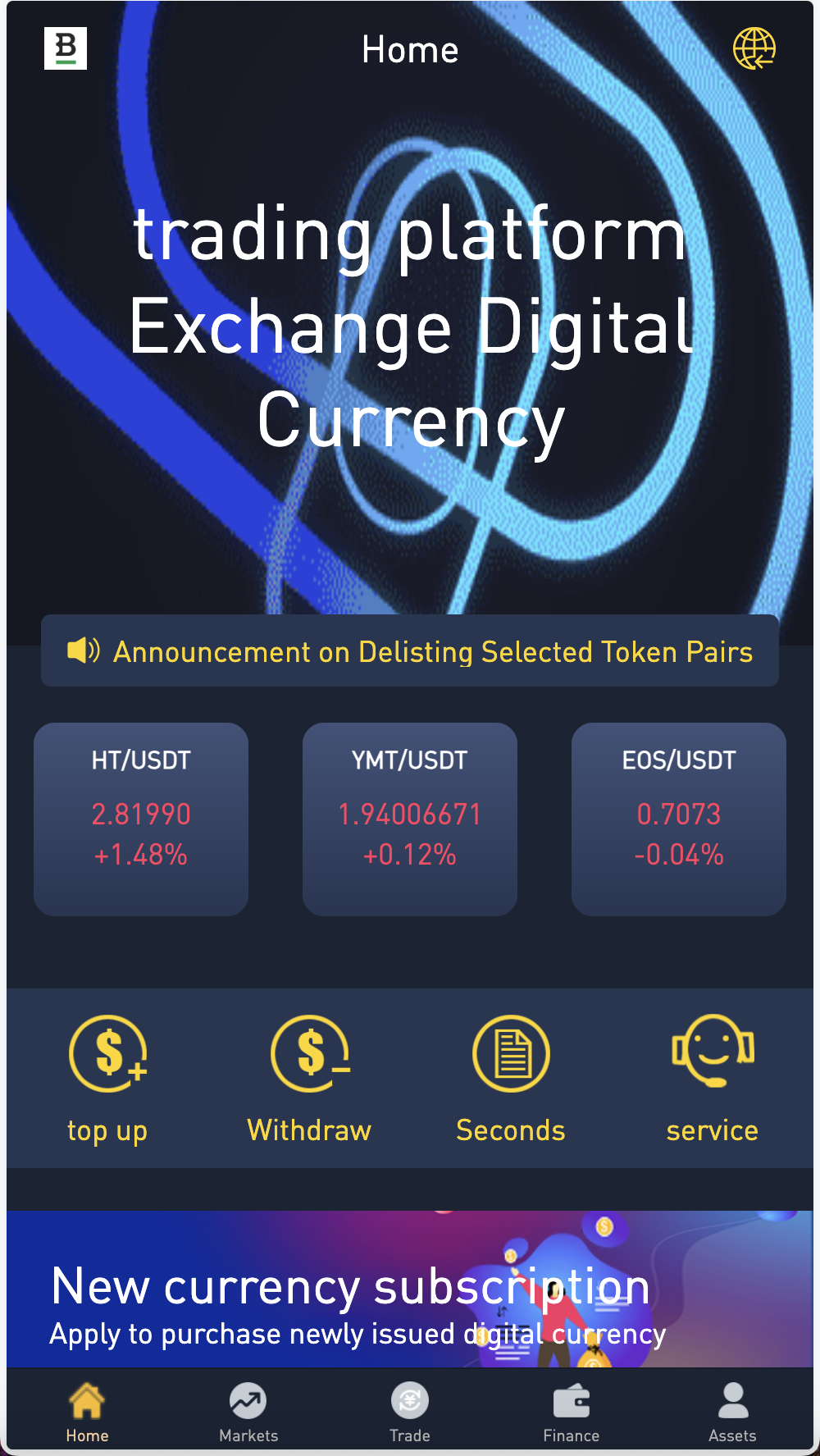 Crypto多语言交易所/前端uniapp纯源码/秒合约交易+期权交易+合约交易+币币交易+杠杆交易+新币申购+挖矿锁仓+NFT盲盒+双币理财-棋牌资源站